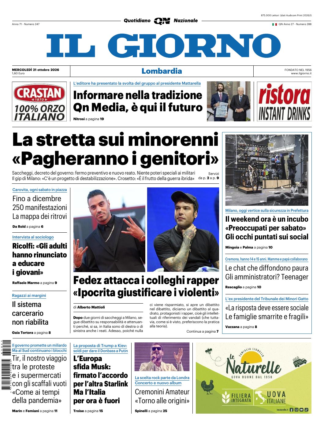 Prima pagina di Il Giorno · Nazionale