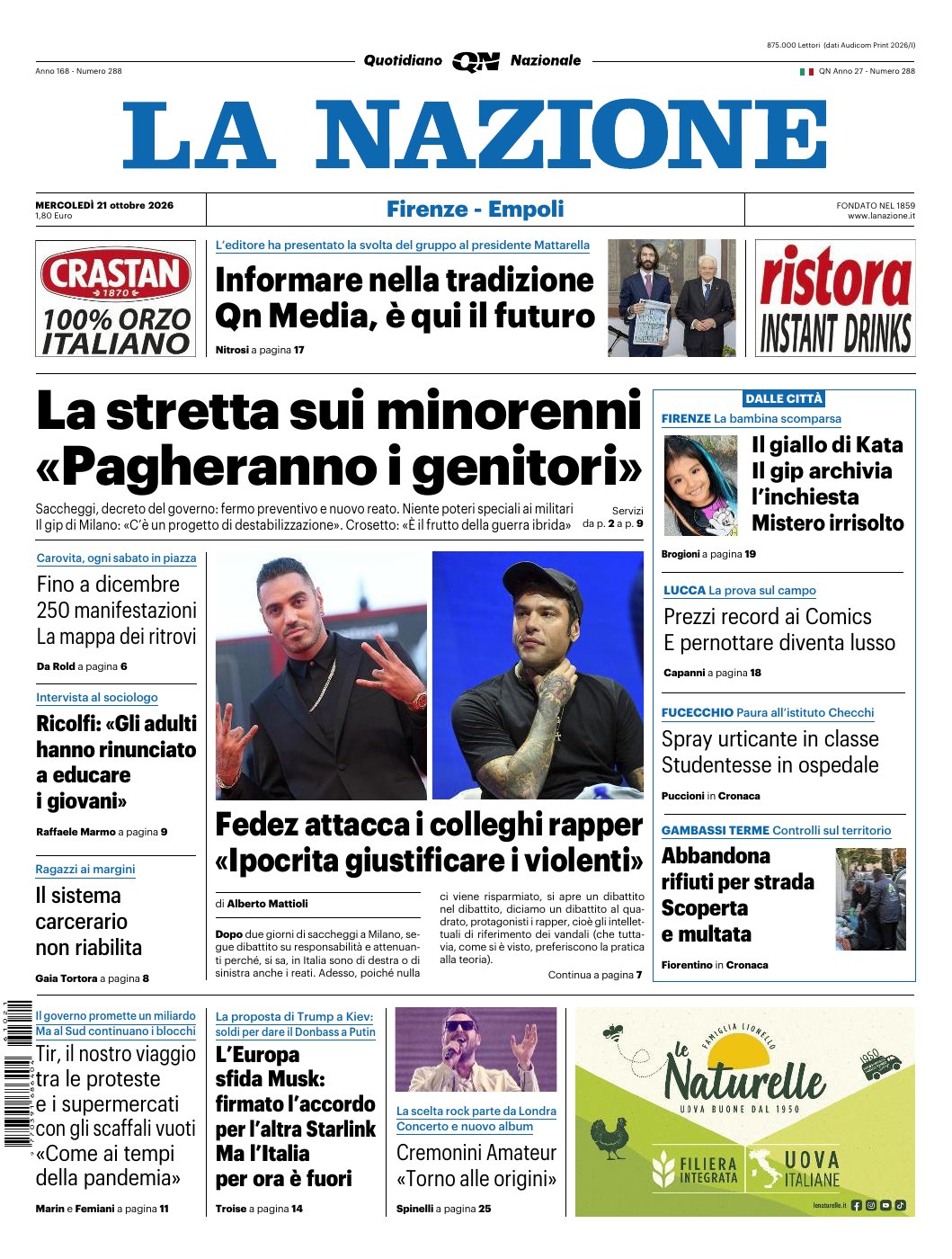 Prima pagina di La Nazione · Nazionale